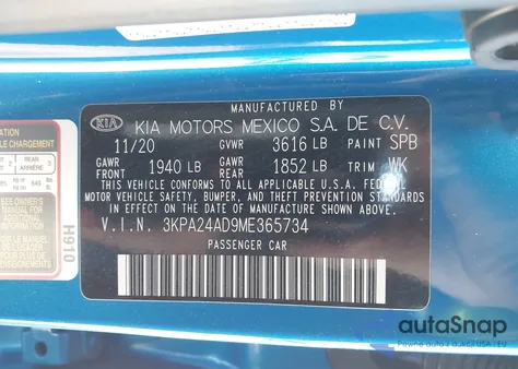 2021 Kia Rio S z USA, uszkodzony, nr VIN 3KPA24AD9ME365734